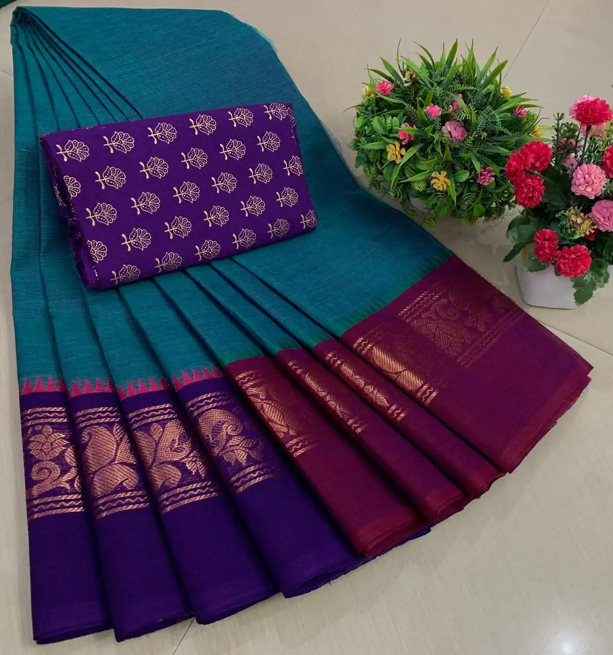 Teal Blue Purple Contrast Zari Border Floral Pure Cotton Saree